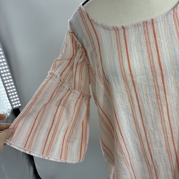 Seven7 Womens M Peach White Striped Ruffle Sleeve Boho Casual Blouse Top - Picture 2 of 7